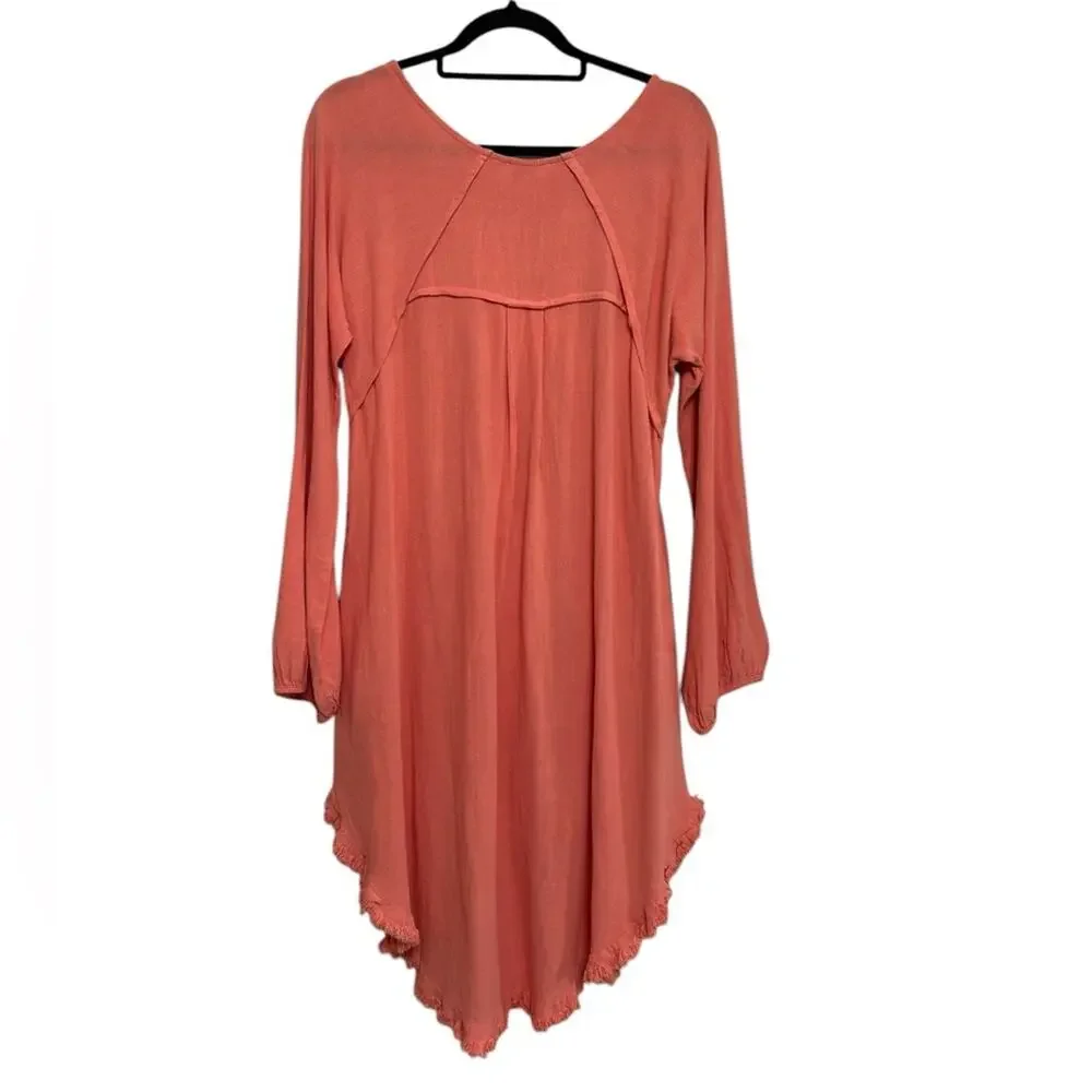 NEW Umgee Linen Cotton Boho Beachy Flowy Fringe Midi Dress in Coral Pink- Size S